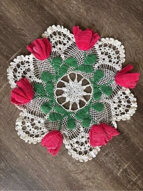 Vintage Intricate Handmade Crochet Doily with Pink Tulips